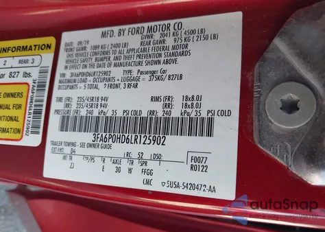 2020 Ford Fusion Se z USA, uszkodzony, nr VIN 3FA6P0HD6LR125902